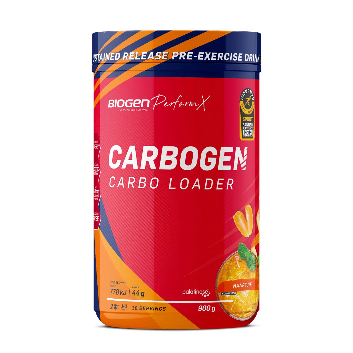 biogen-perform-x-carbogen-carbo-loader-pre-exercise-drink-naartjie-flavour-900g.png BIOGEN Perform X Carbogen Carbo Loader Pre-Exercise Drink Naartjie Flavour - 900g - Image 1