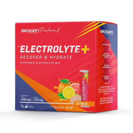 BIOGEN Perform X Electrolyte+ Recover & Hydrate Hypotonic Electrolyte Mix Effervescent Tablets Citrus Flavour - 30
