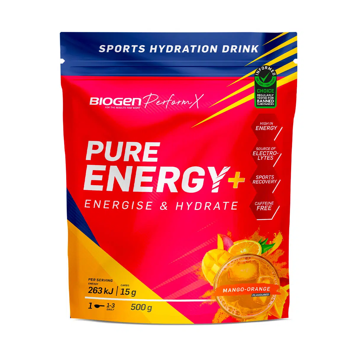 biogen-perform-x-pure-energy-energise-hydrate-sports-hydration-drink-mango-orang.png BIOGEN Perform X Pure Energy+ Energise & Hydrate Sports Hydration Drink Mango-Orange Flavour - 500g - Image 1