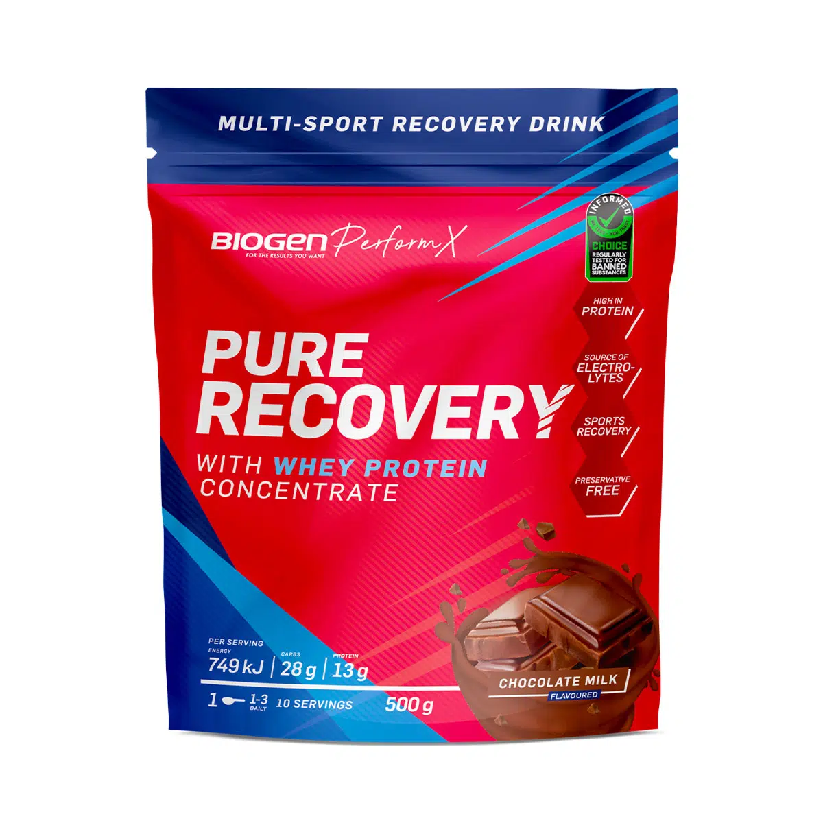 biogen-perform-x-pure-recovery-with-whey-protein-concentrate-multi-sport-recover.png BIOGEN Perform X Pure Recovery with Whey Protein Concentrate Multi-Sport Recovery Drink Chocolate Milk Flavour - 500g - Image 1