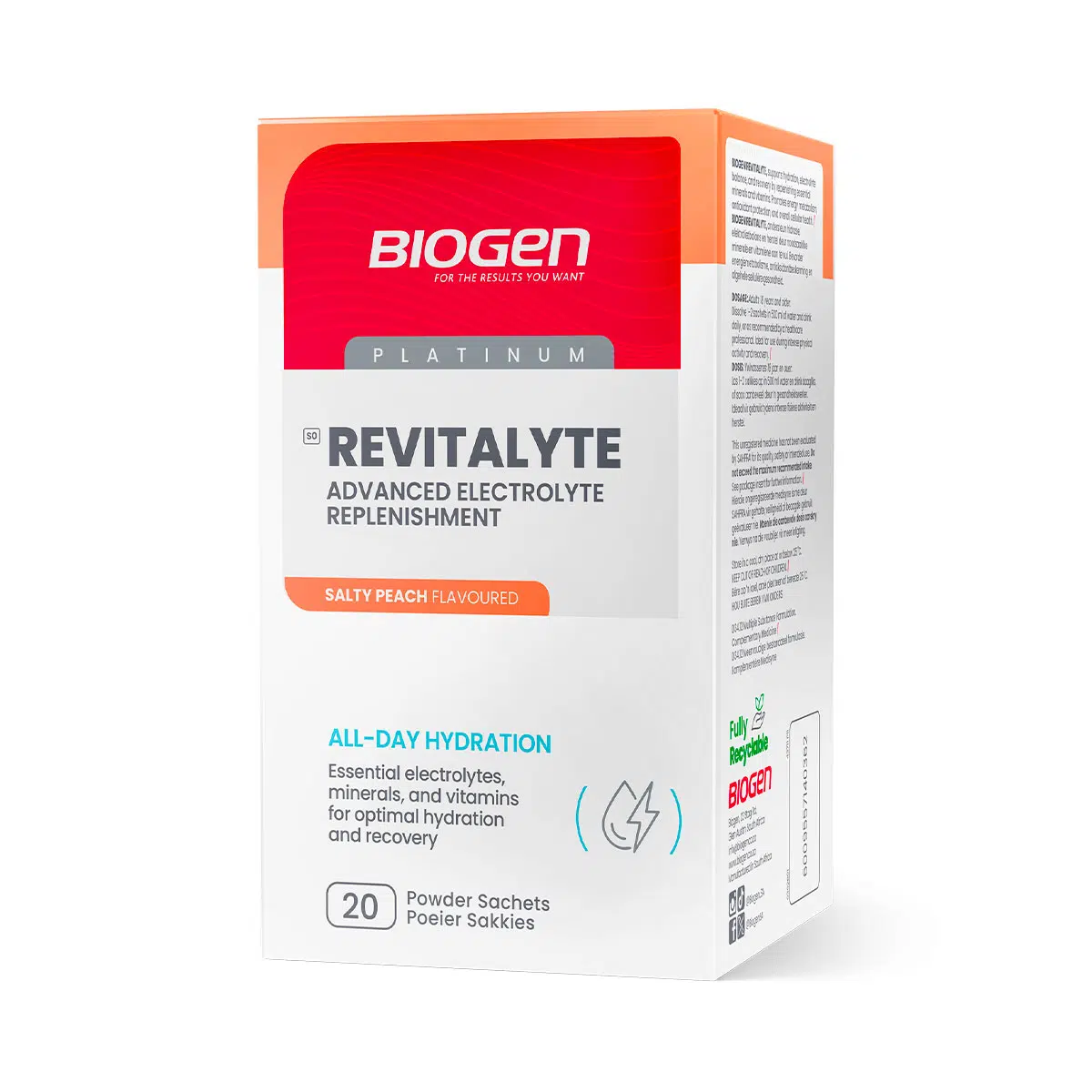 biogen-revitalyte-advanced-electrolyte-replenishment-powder-sachets-salty-peach-.png BIOGEN Revitalyte Advanced Electrolyte Replenishment Powder Sachets Salty Peach Flavour - 20 sachets - Image 1