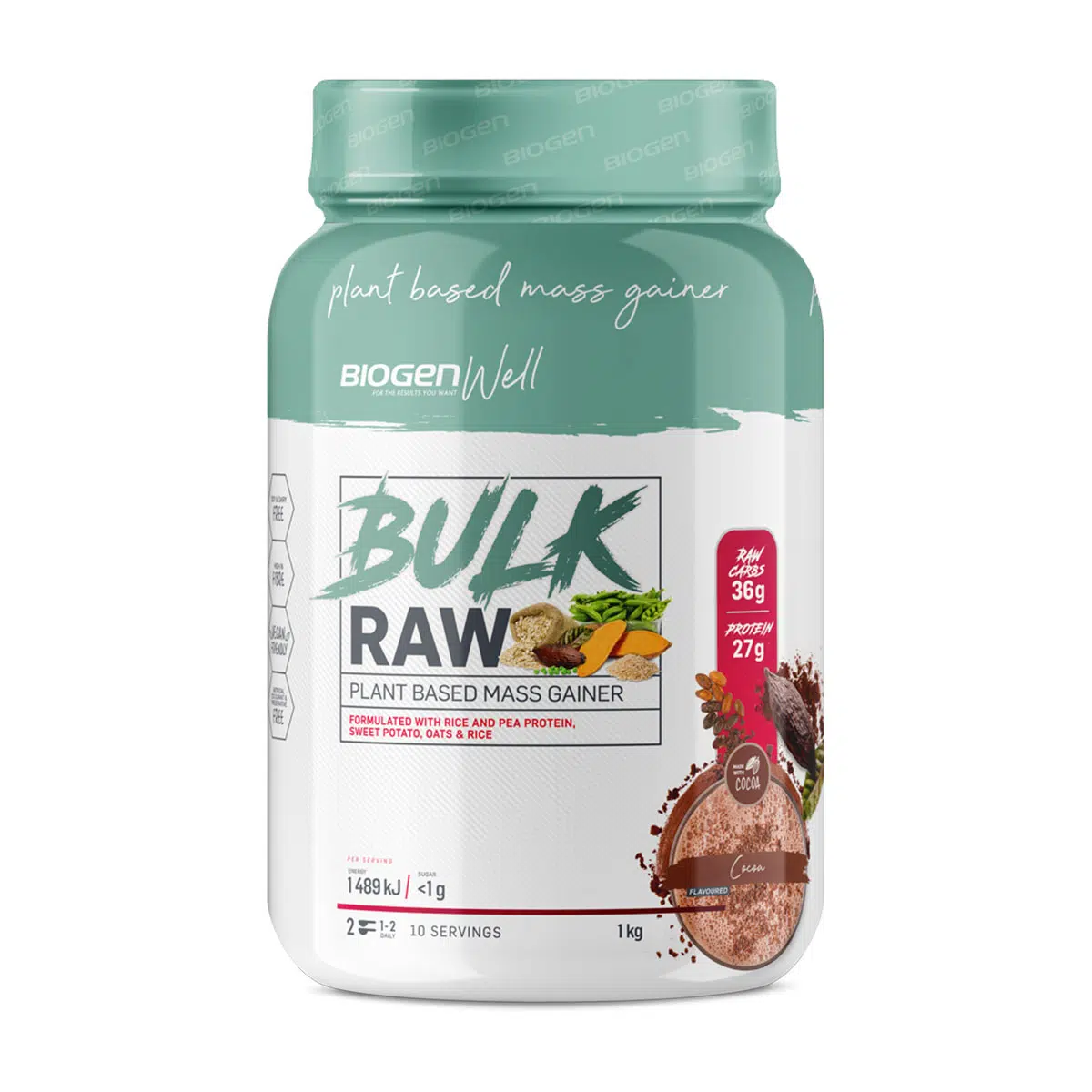 biogen-well-bulk-raw-plant-based-mass-gainer-powder-cocoa-flavour-1kg.png BIOGEN Well Bulk Raw Plant Based Mass Gainer Powder Cocoa Flavour - 1kg - Image 1