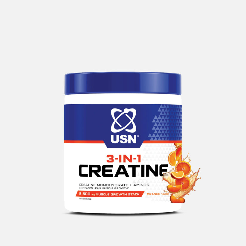 usn-3-in-1-creatine-monohydrate-aminos-supplement-orange-flavour-200g.jpg USN 3-IN-1 Creatine Monohydrate + Aminos Supplement Orange Flavour - 200g - Image 1